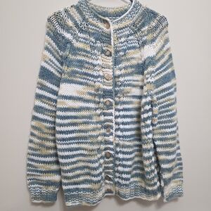 Handmade Button-Up Womens Sweater Size Medium Blue Striped Granny Core Cozy